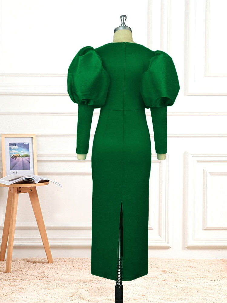 Satin Square Neck Puff Sleeve Bodycon Maxi Dress