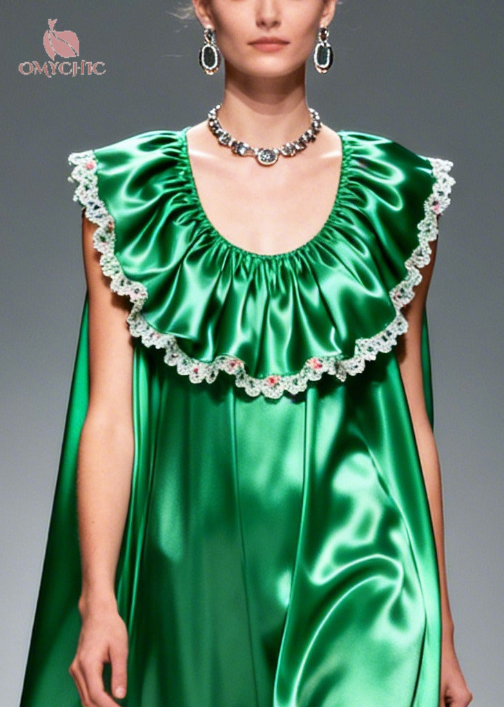 Women Green Oversized Patchwork Flower Lace Silk Maxi Dresses Sleeveless - View 2