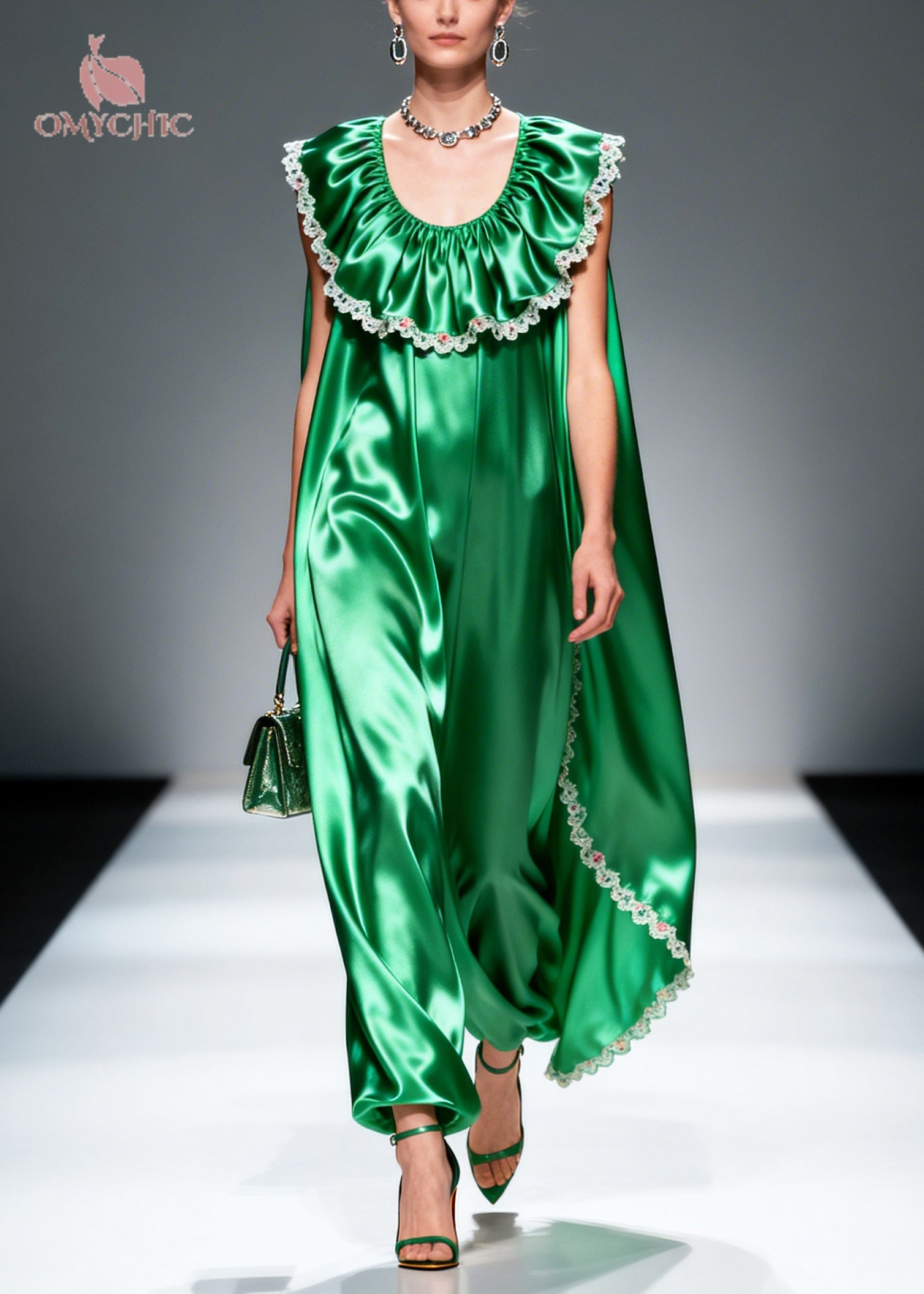 Women Green Oversized Patchwork Flower Lace Silk Maxi Dresses Sleeveless - View 3