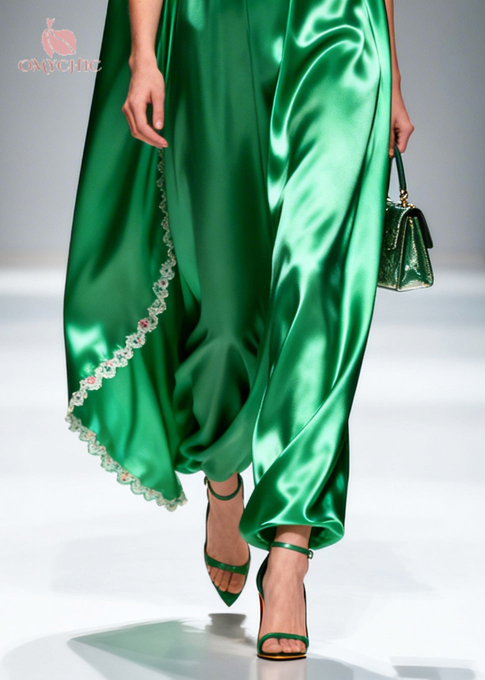 Women Green Oversized Patchwork Flower Lace Silk Maxi Dresses Sleeveless - View 4