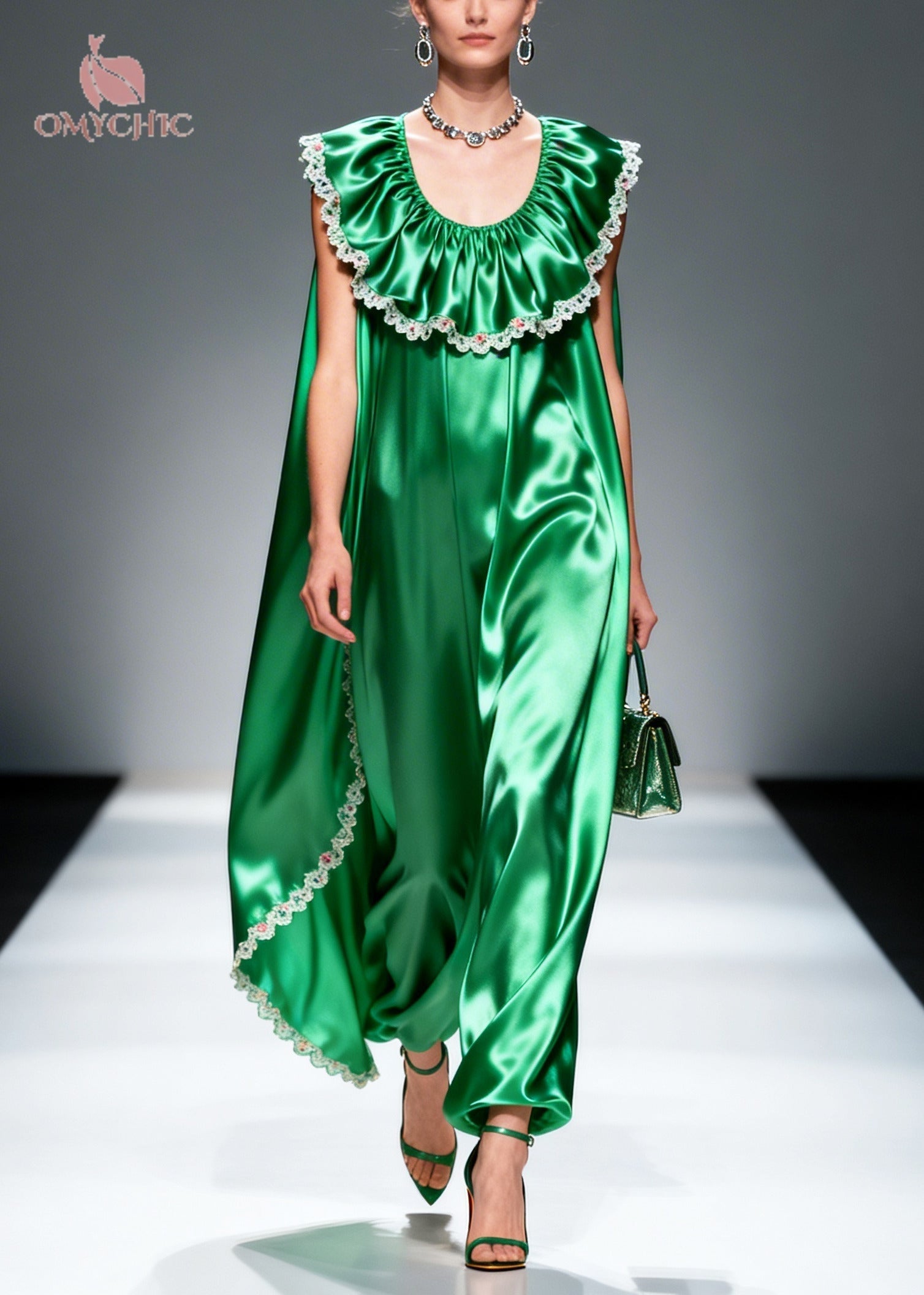 Women Green Oversized Patchwork Flower Lace Silk Maxi Dresses Sleeveless - View 5