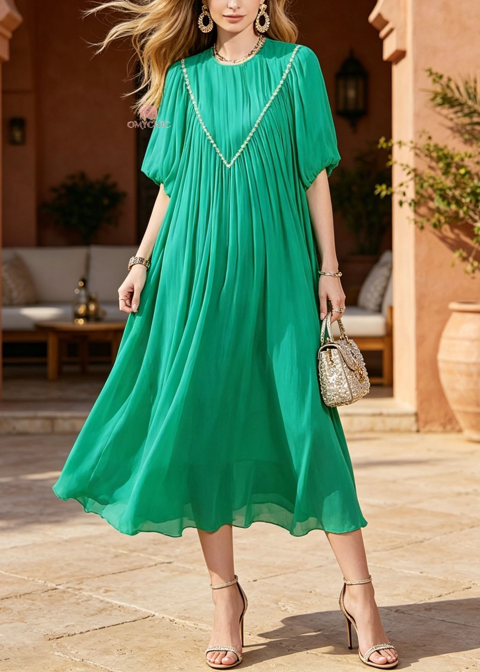 Women Green Puff Sleeve Nail Bead Chiffon Long Dresses - View 3