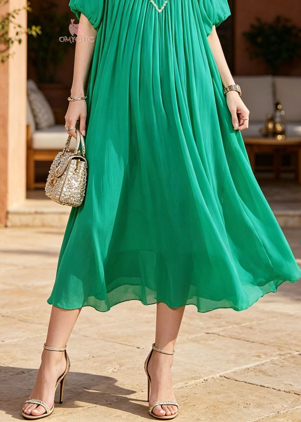 Women Green Puff Sleeve Nail Bead Chiffon Long Dresses - View 4