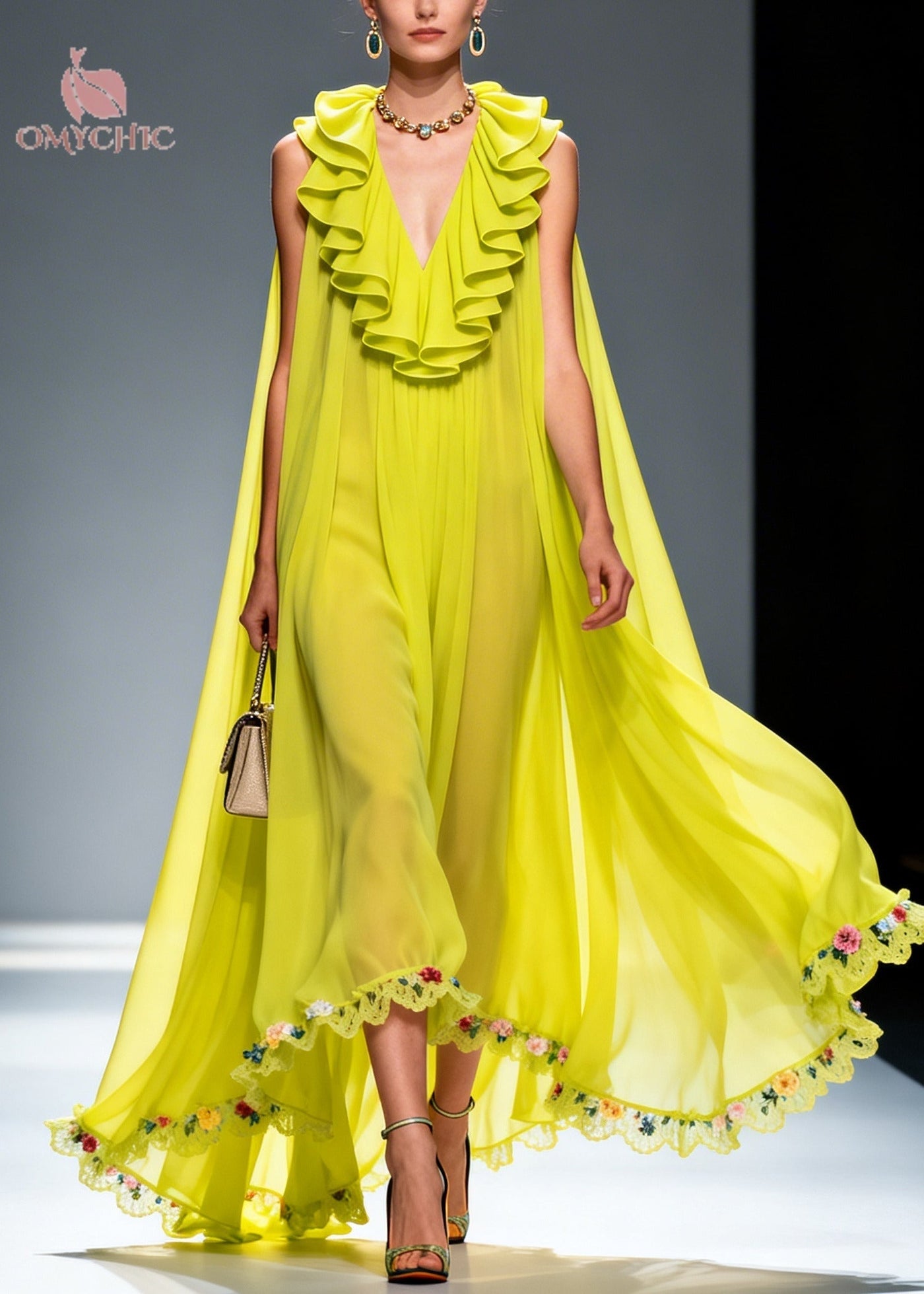 Women Green Ruffled Exra Large Hem Flower Chiffon Robe Dresses Summer