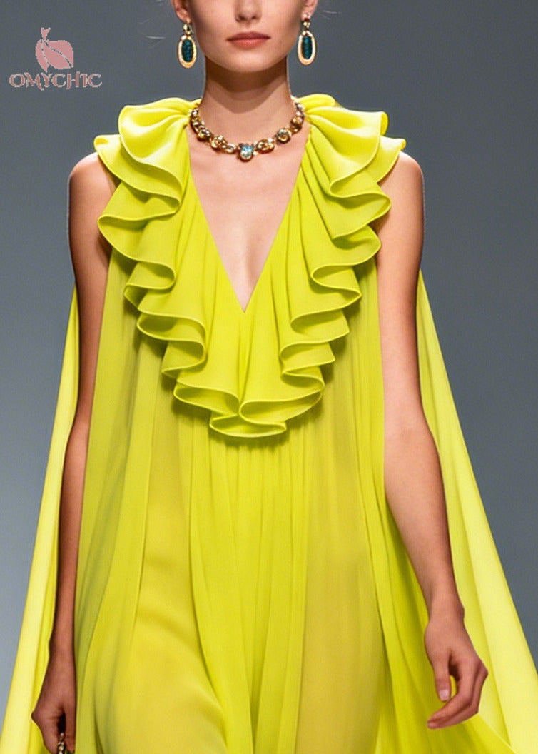 Women Green Ruffled Exra Large Hem Flower Chiffon Robe Dresses Summer 2