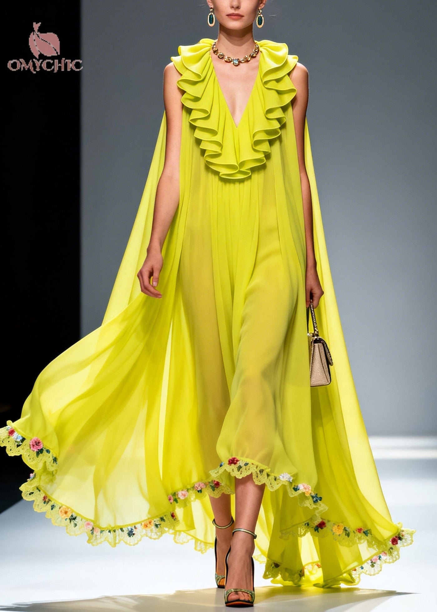Women Green Ruffled Exra Large Hem Flower Chiffon Robe Dresses Summer 3