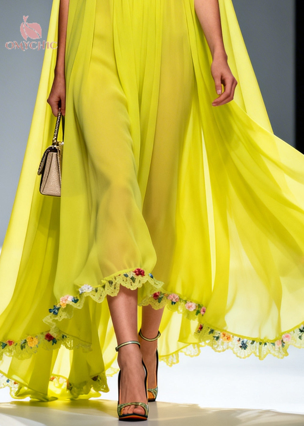 Women Green Ruffled Exra Large Hem Flower Chiffon Robe Dresses Summer 4