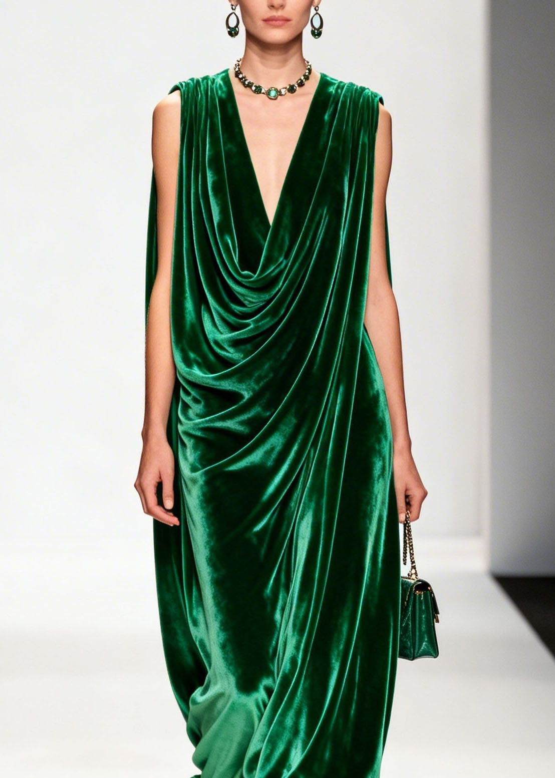 Women Green Ruffled Floral Patchwork Velvet Ankle Dress Sleeveless 2
