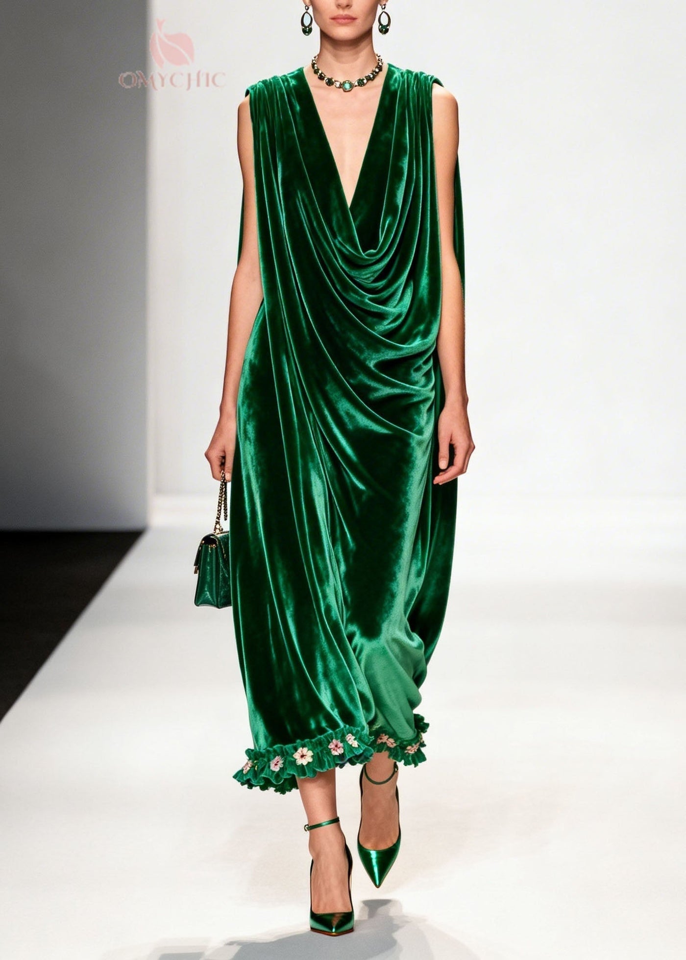 Women Green Ruffled Floral Patchwork Velvet Ankle Dress Sleeveless 3