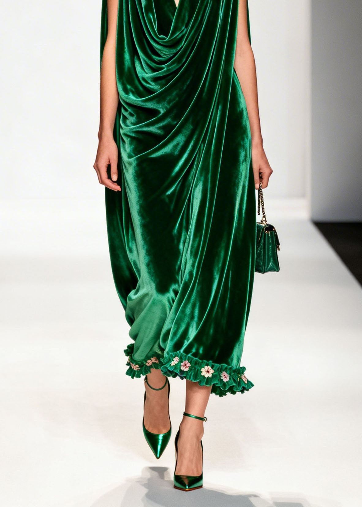 Women Green Ruffled Floral Patchwork Velvet Ankle Dress Sleeveless 4