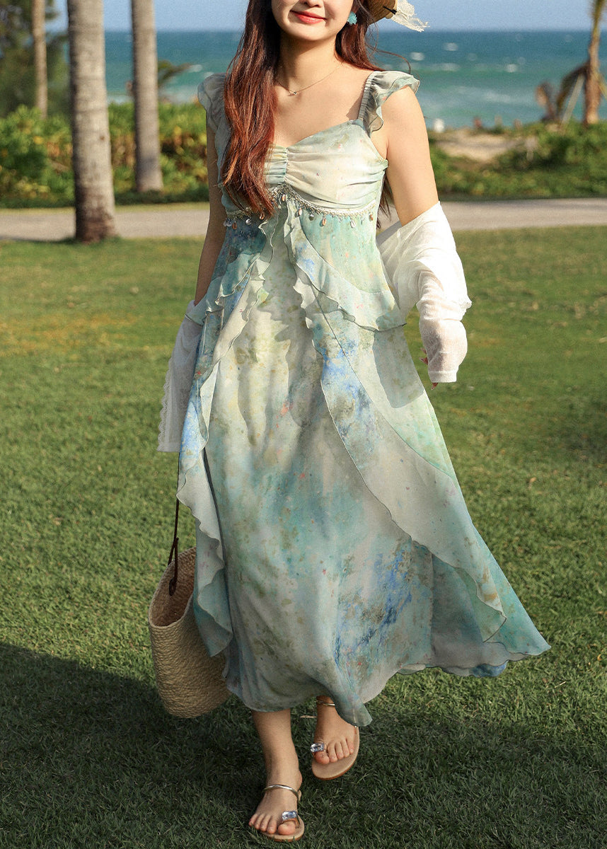Women Green Ruffled Print Chiffon Vacation Dresses Summer