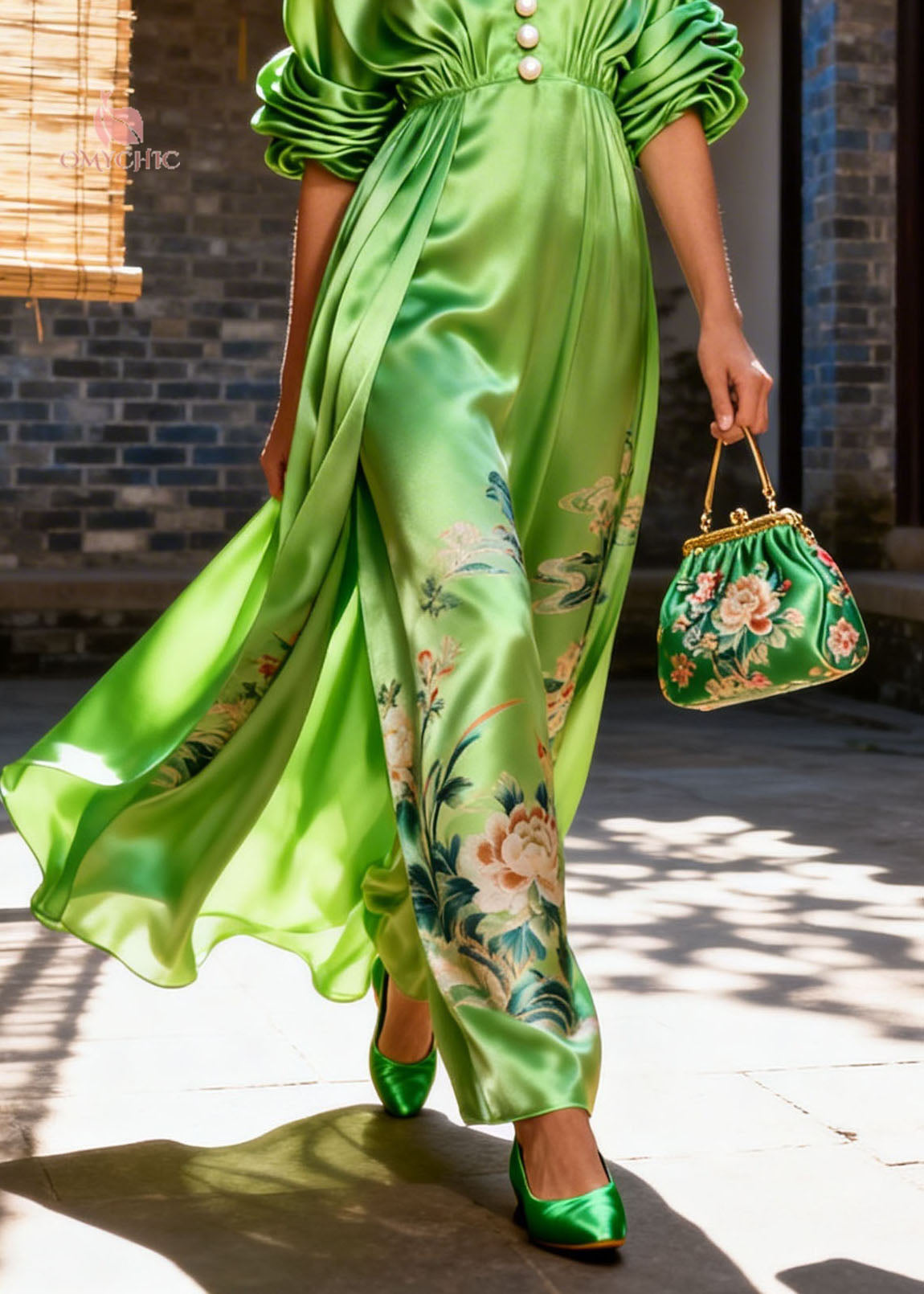 Satin Deep V-Neck Pearl Button Puff Sleeve Floral Embroidery Slit Maxi Gown