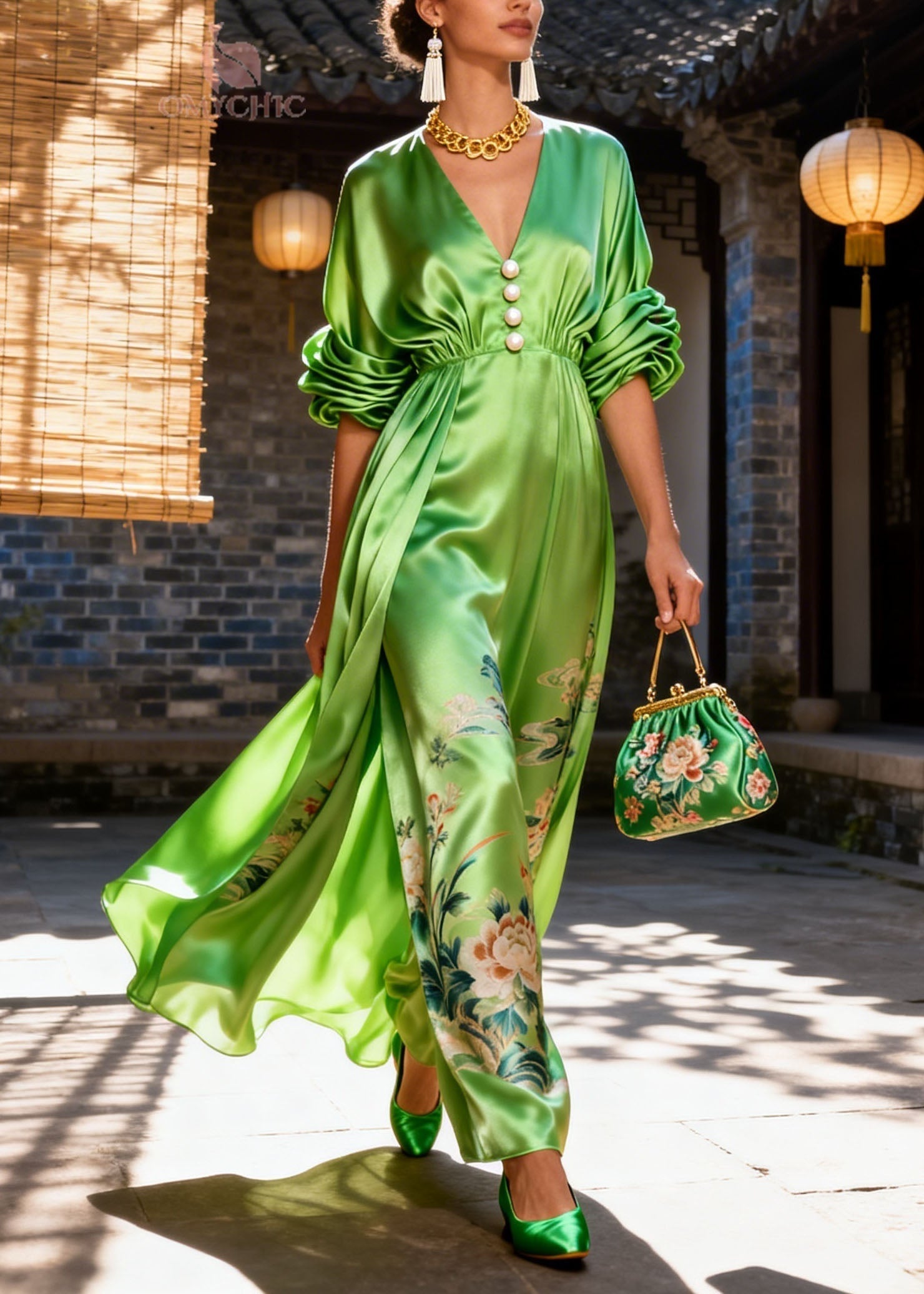 Satin Deep V-Neck Pearl Button Puff Sleeve Floral Embroidery Slit Maxi Gown