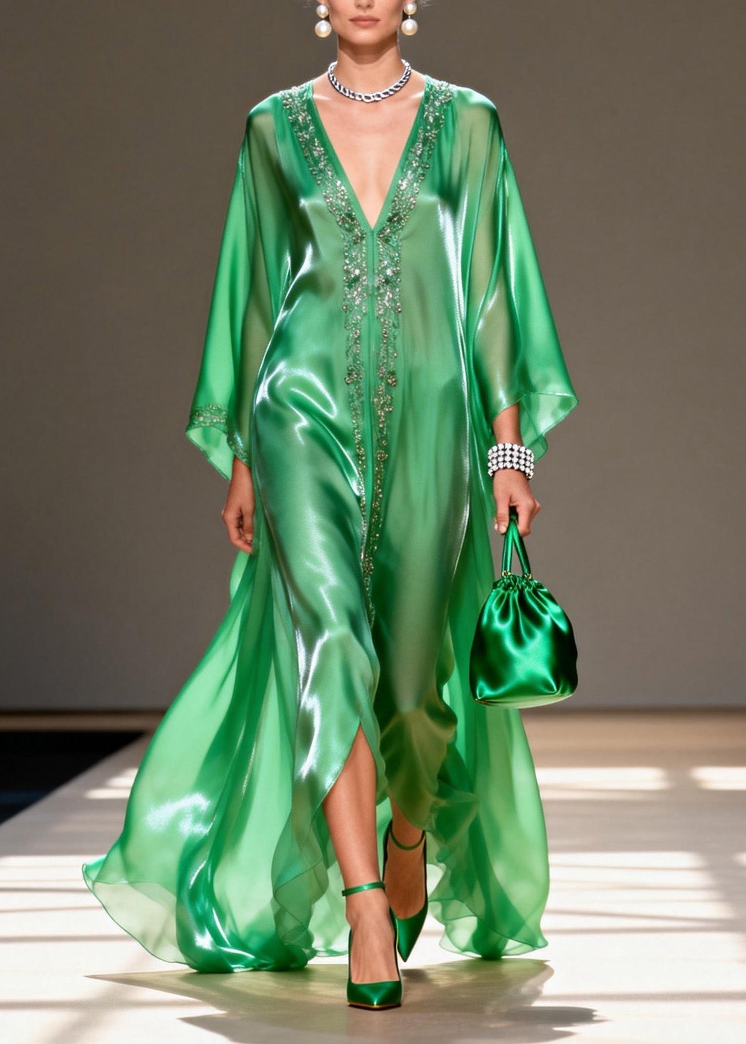 Satin Beaded Trim Deep V-Neck Kimono Sleeve High Split Kaftan Maxi Gown