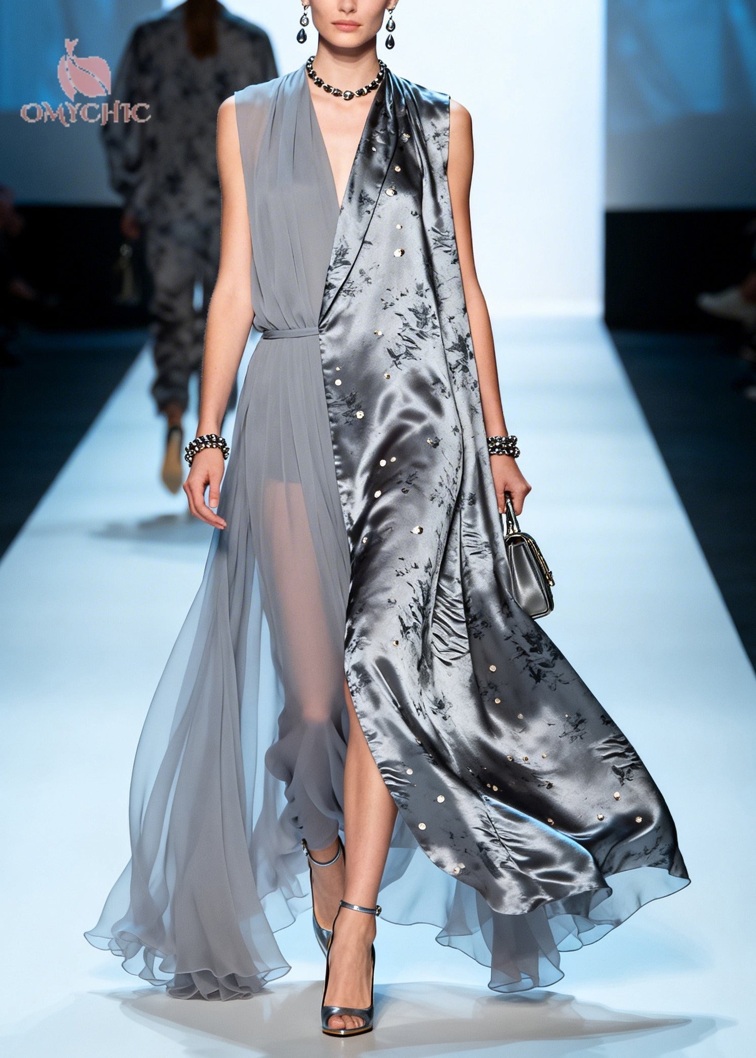 Satin Floral Print Deep V-Neck Sleeveless Belted Split Panel Pleated Chiffon Maxi Gown