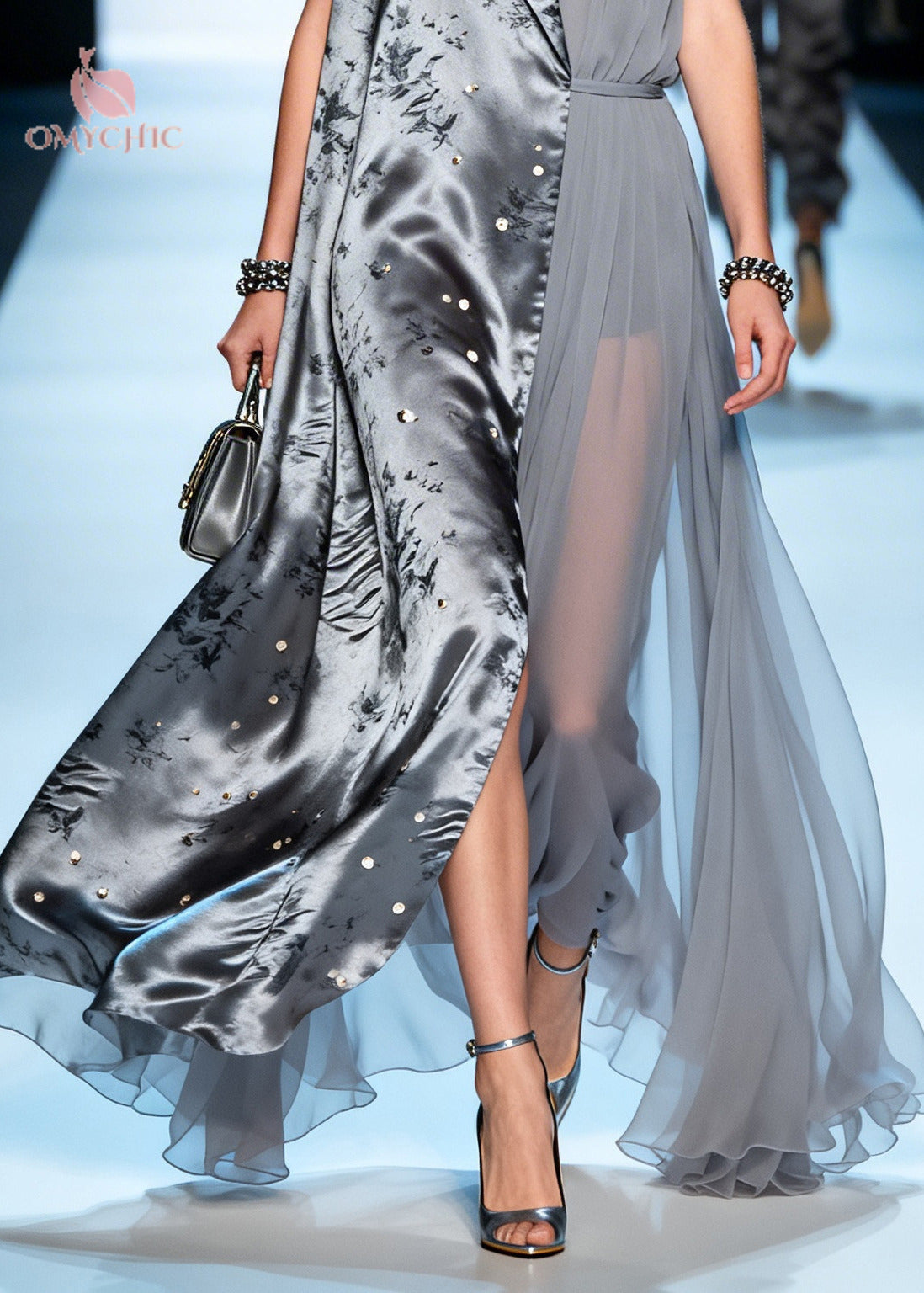 Satin Floral Print Deep V-Neck Sleeveless Belted Split Panel Pleated Chiffon Maxi Gown