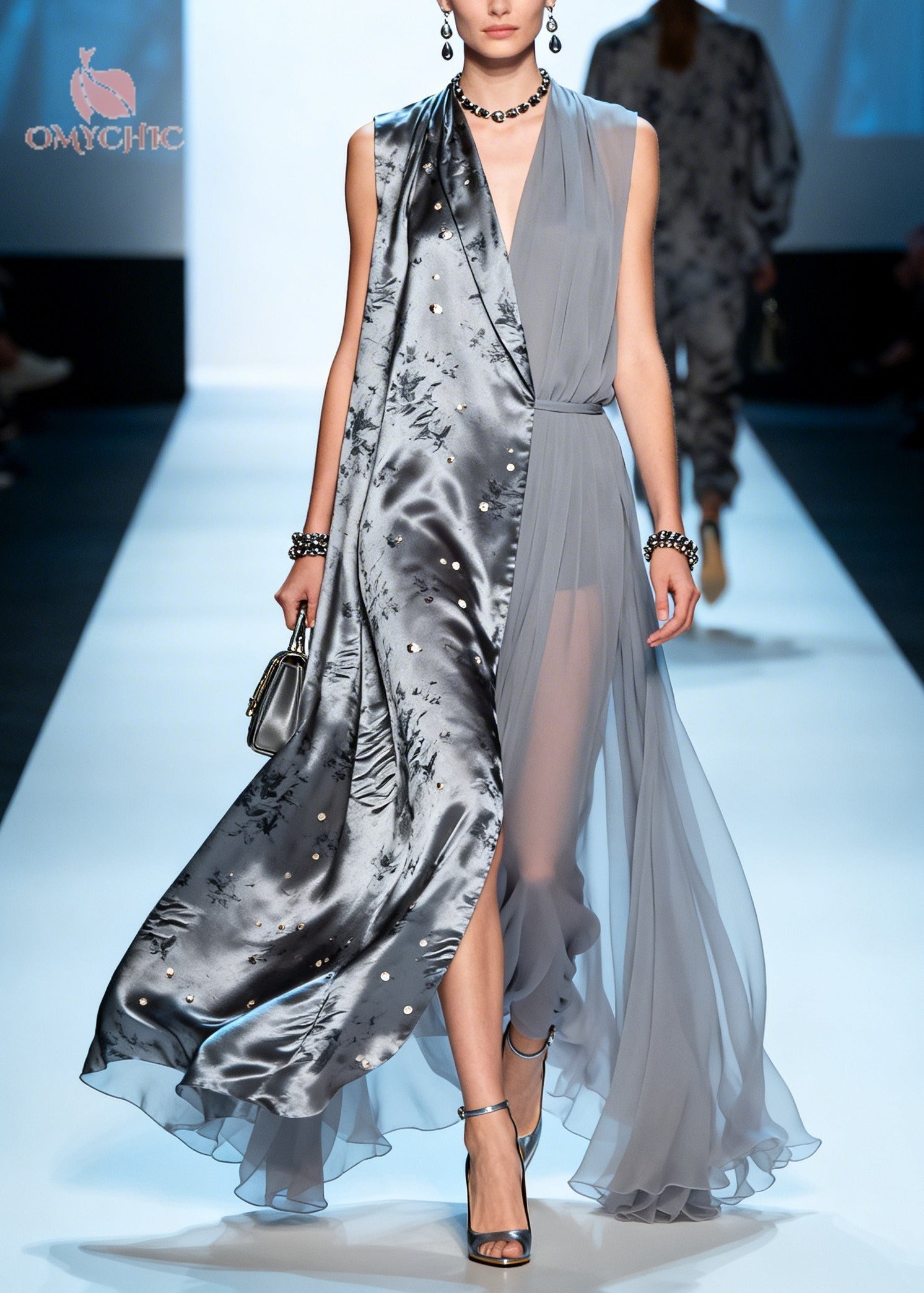 Satin Floral Print Deep V-Neck Sleeveless Belted Split Panel Pleated Chiffon Maxi Gown