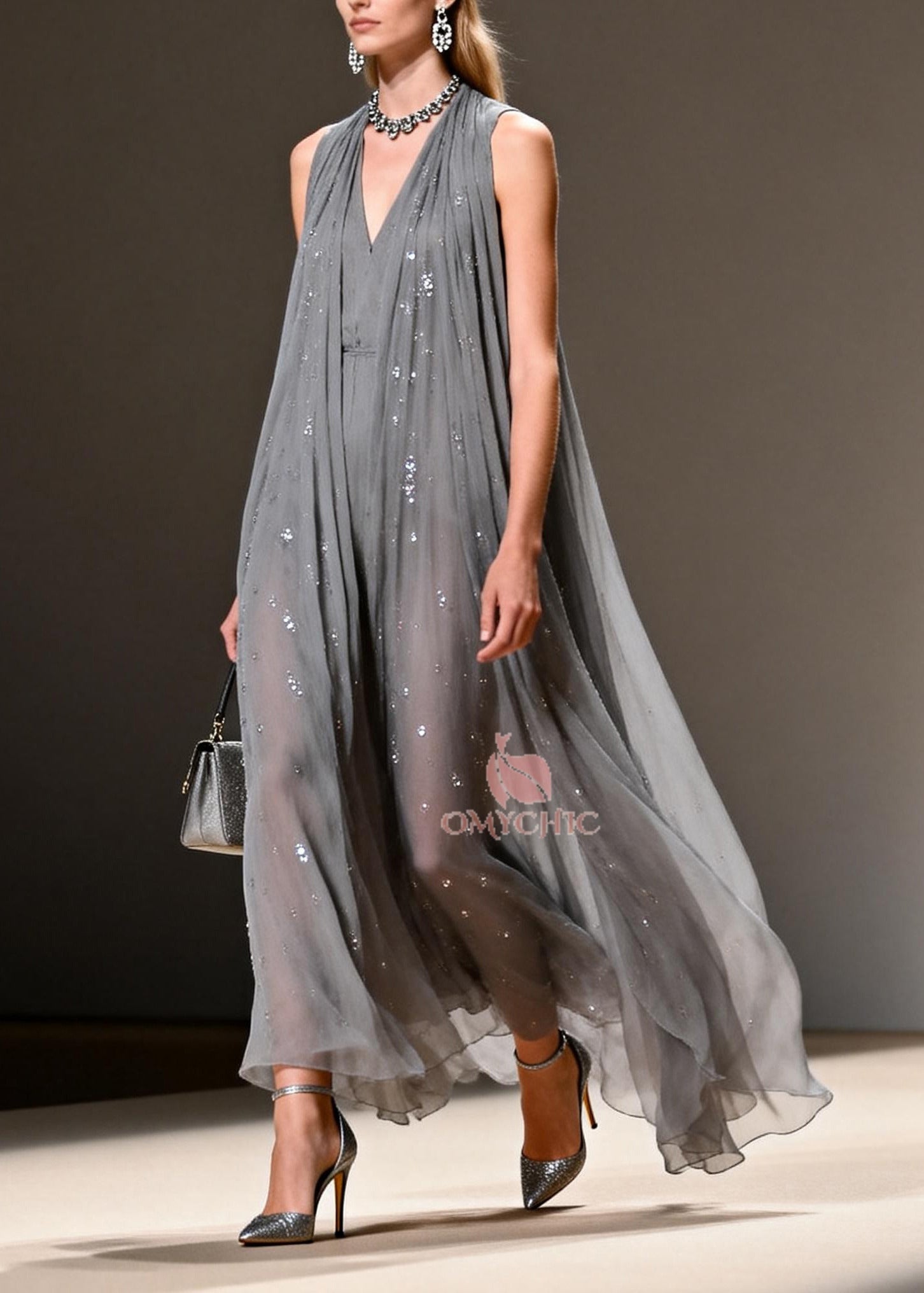 Sequin Chiffon Deep V-Neck Sleeveless Pleated Maxi Gown