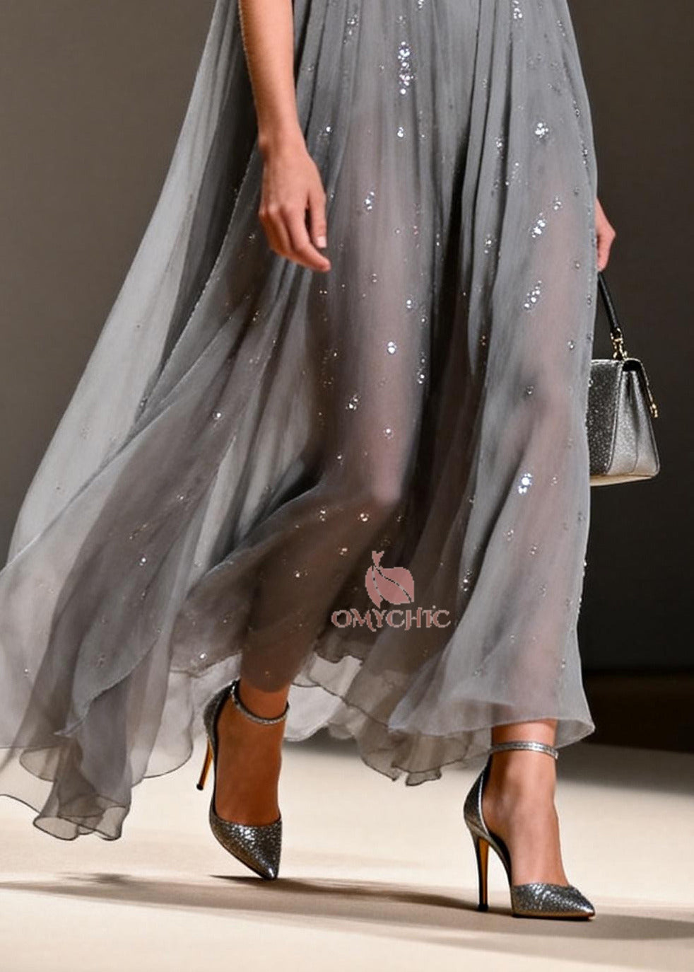 Sequin Chiffon Deep V-Neck Sleeveless Pleated Maxi Gown
