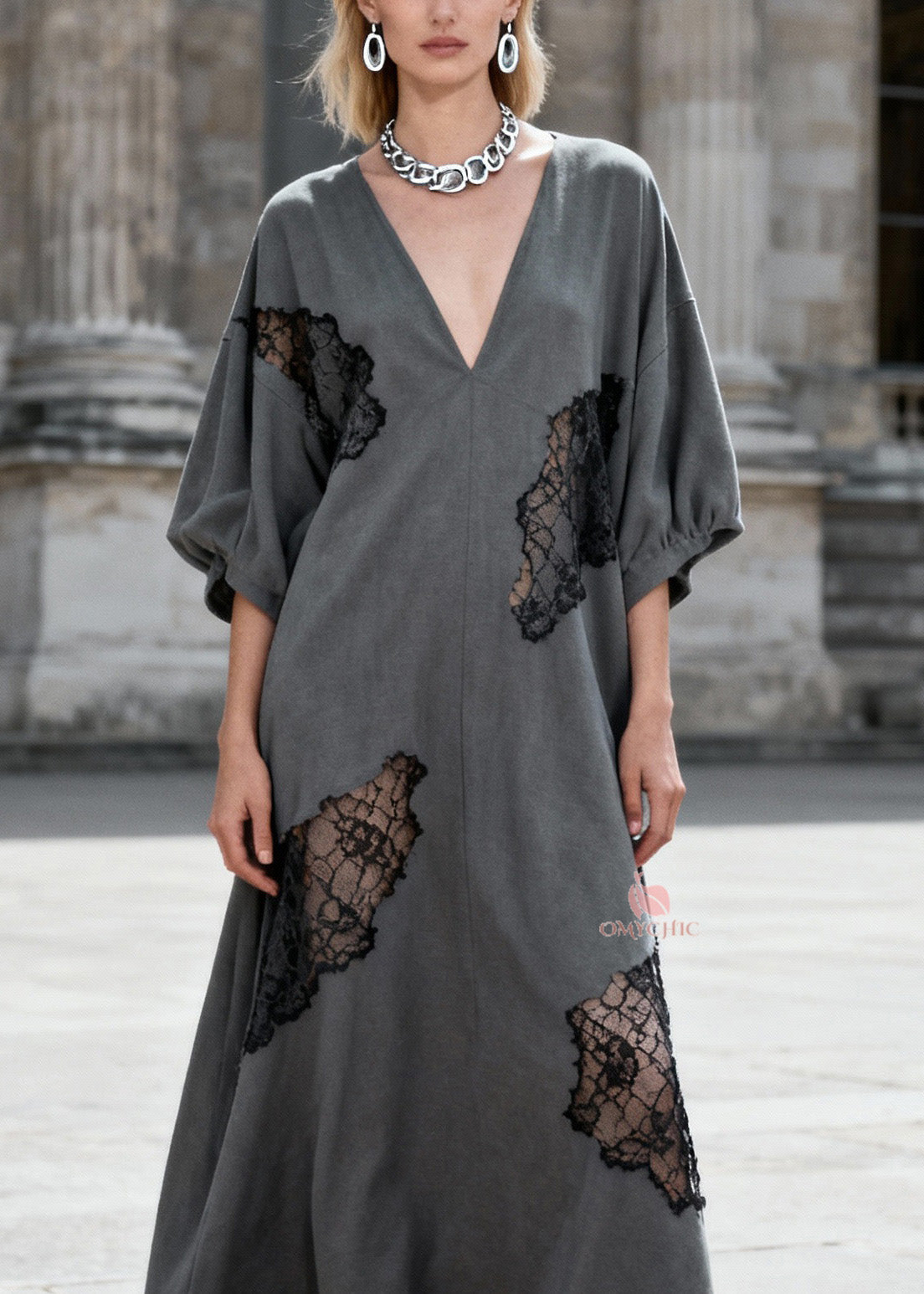 Deep V-Neck Balloon Sleeve Lace Insert Cut Out Chiffon Maxi Dress
