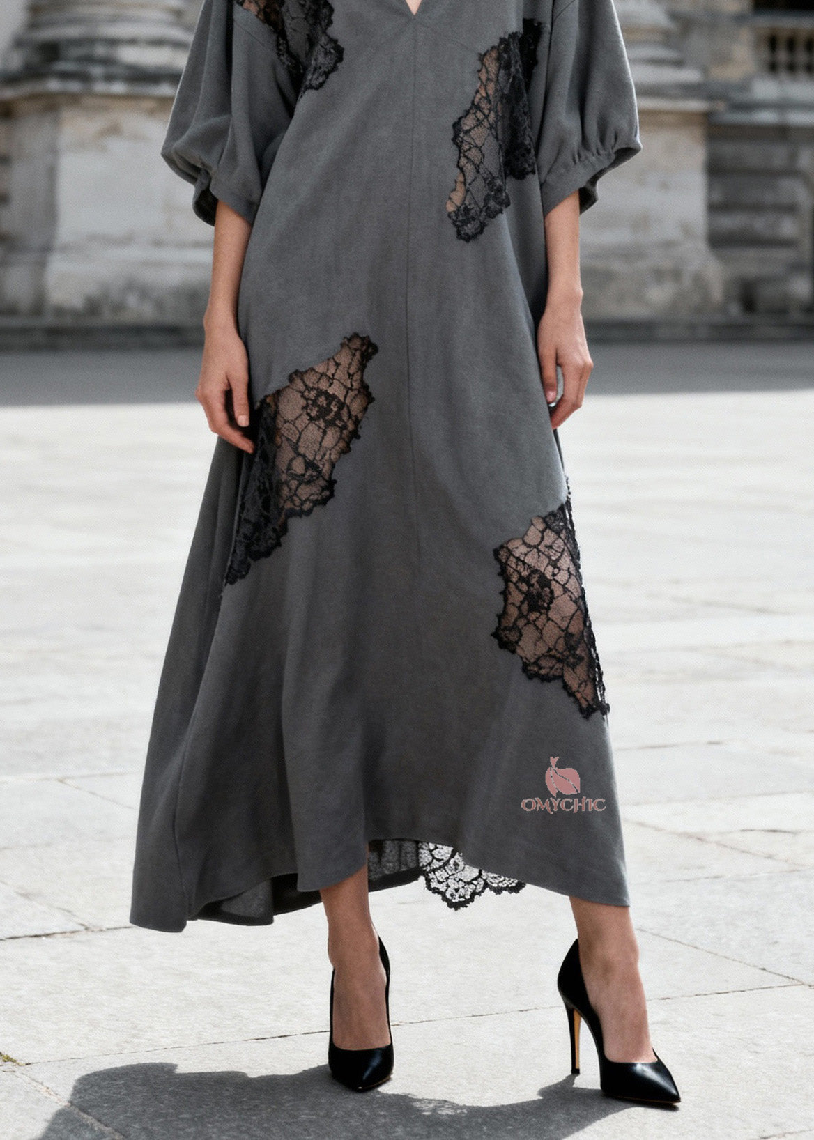 Deep V-Neck Balloon Sleeve Lace Insert Cut Out Chiffon Maxi Dress