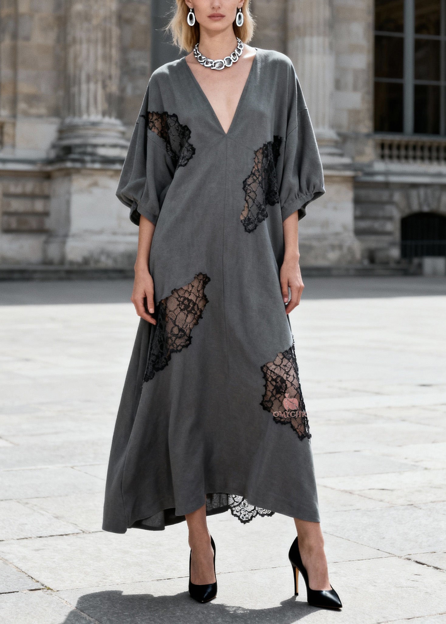 Deep V-Neck Balloon Sleeve Lace Insert Cut Out Chiffon Maxi Dress