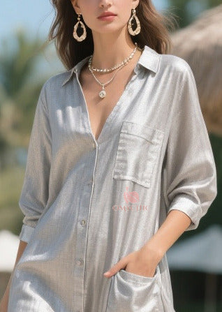 Collar Button Front Three Quarter Sleeve Tulle Ruffle Hem Midi Dress