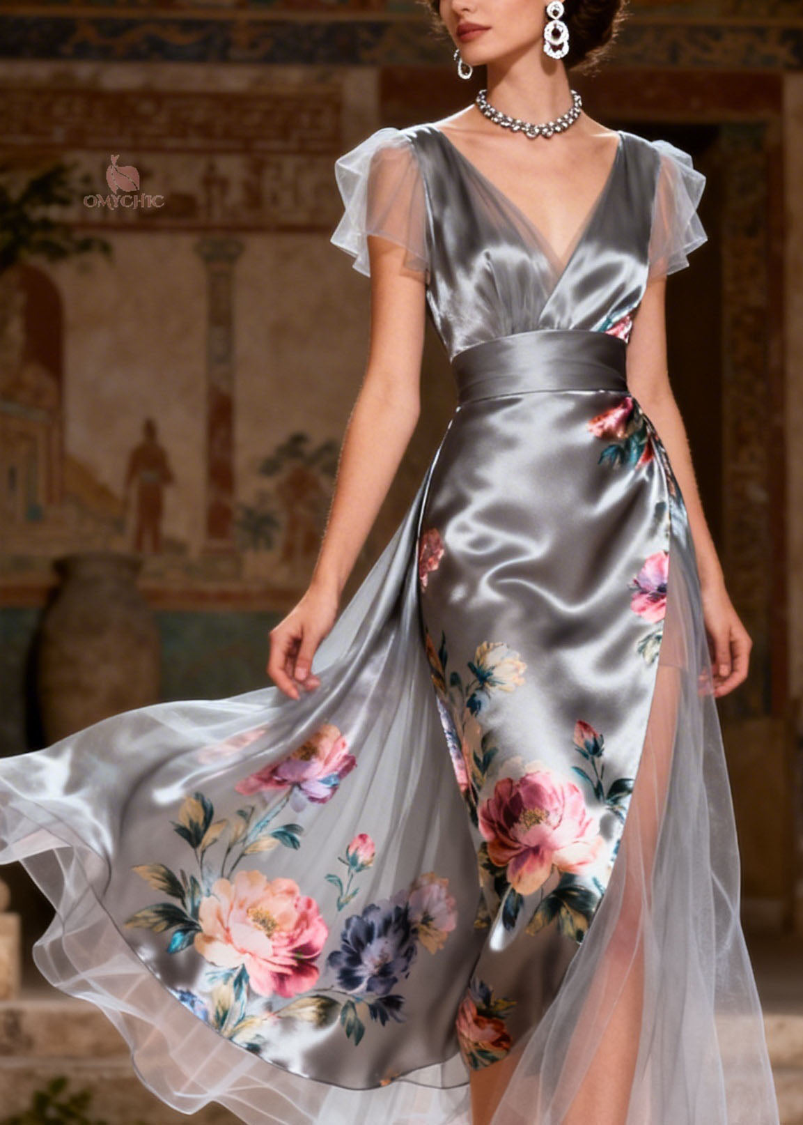 Satin Floral Print Deep V-Neck Flutter Sleeve Cummerbund Waist High Split Midi Dress