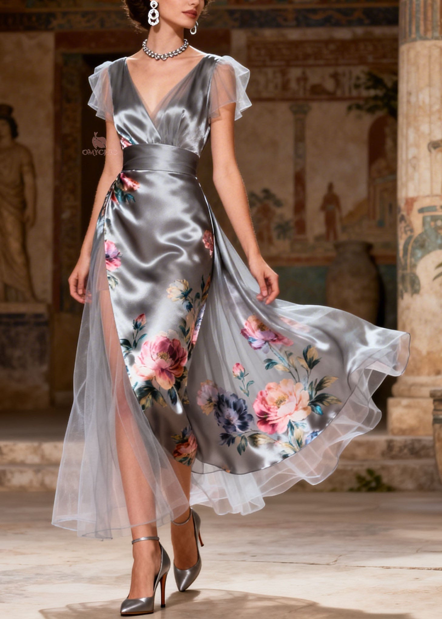 Satin Floral Print Deep V-Neck Flutter Sleeve Cummerbund Waist High Split Midi Dress