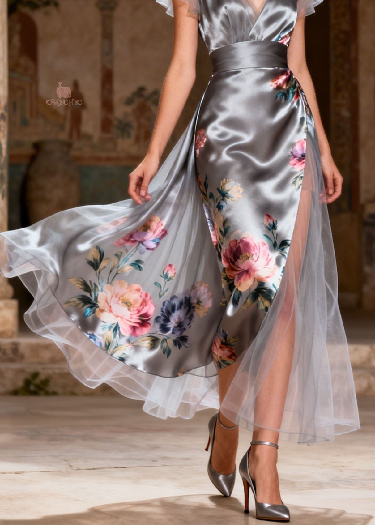 Satin Floral Print Deep V-Neck Flutter Sleeve Cummerbund Waist High Split Midi Dress