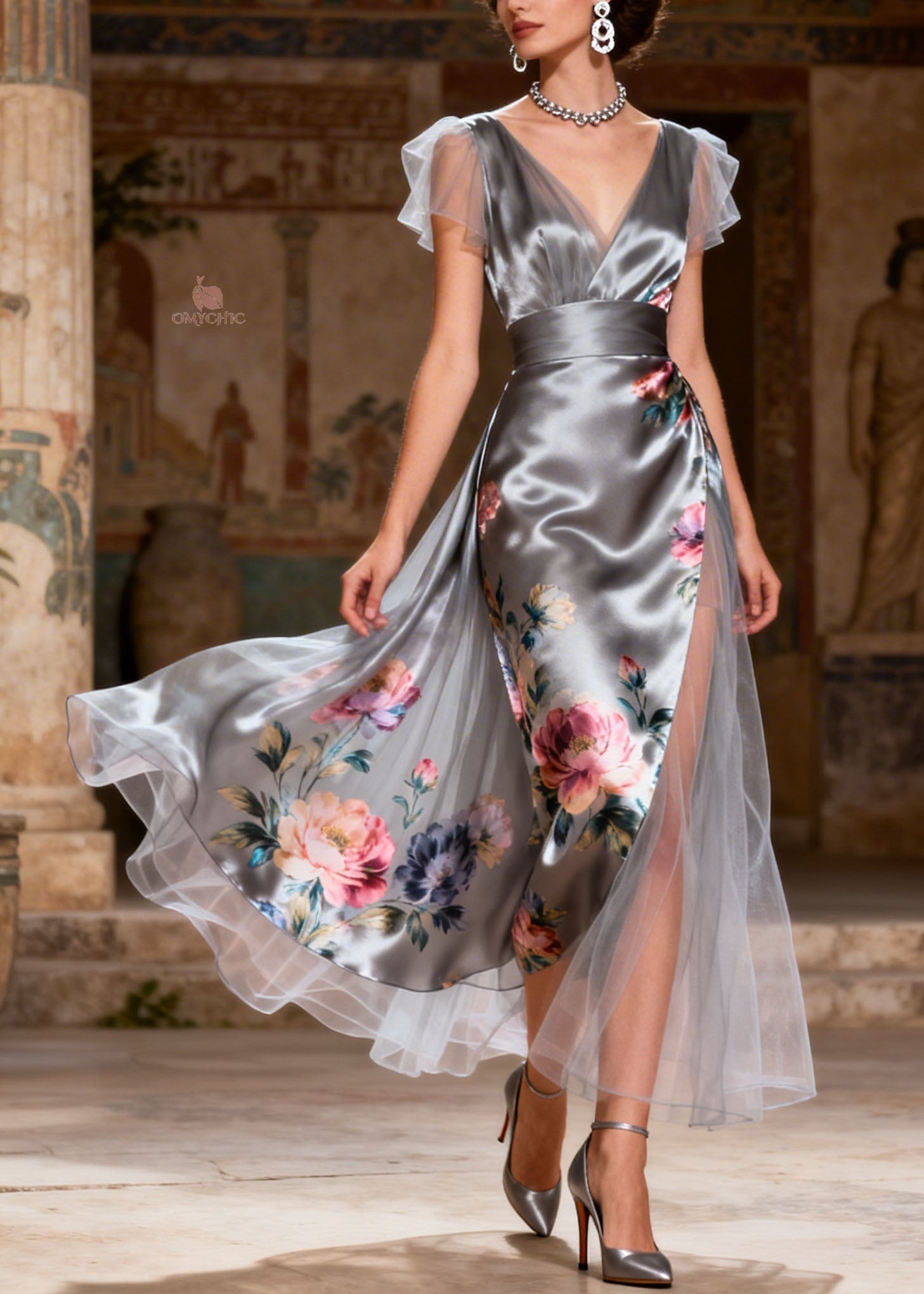 Satin Floral Print Deep V-Neck Flutter Sleeve Cummerbund Waist High Split Midi Dress
