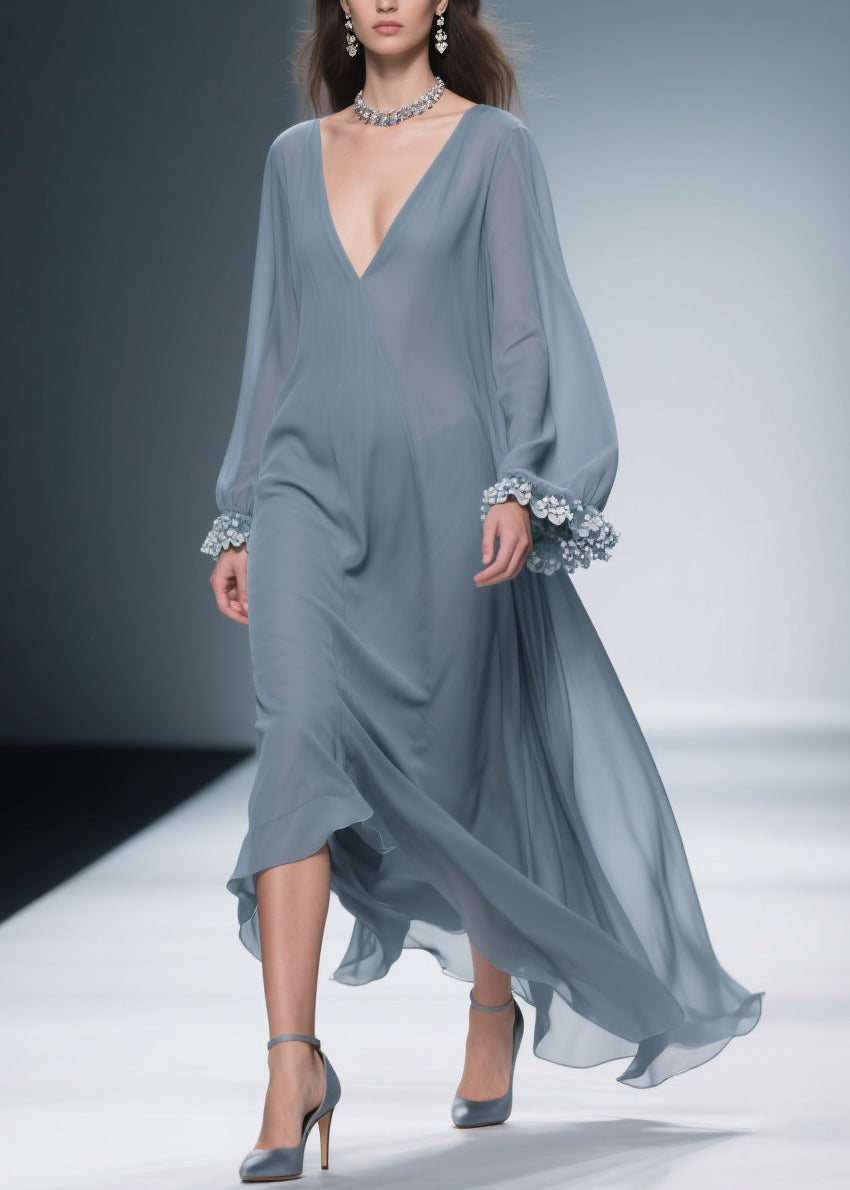Chiffon Deep V-Neck Floral Applique Cuff Lantern Sleeve Maxi Dress