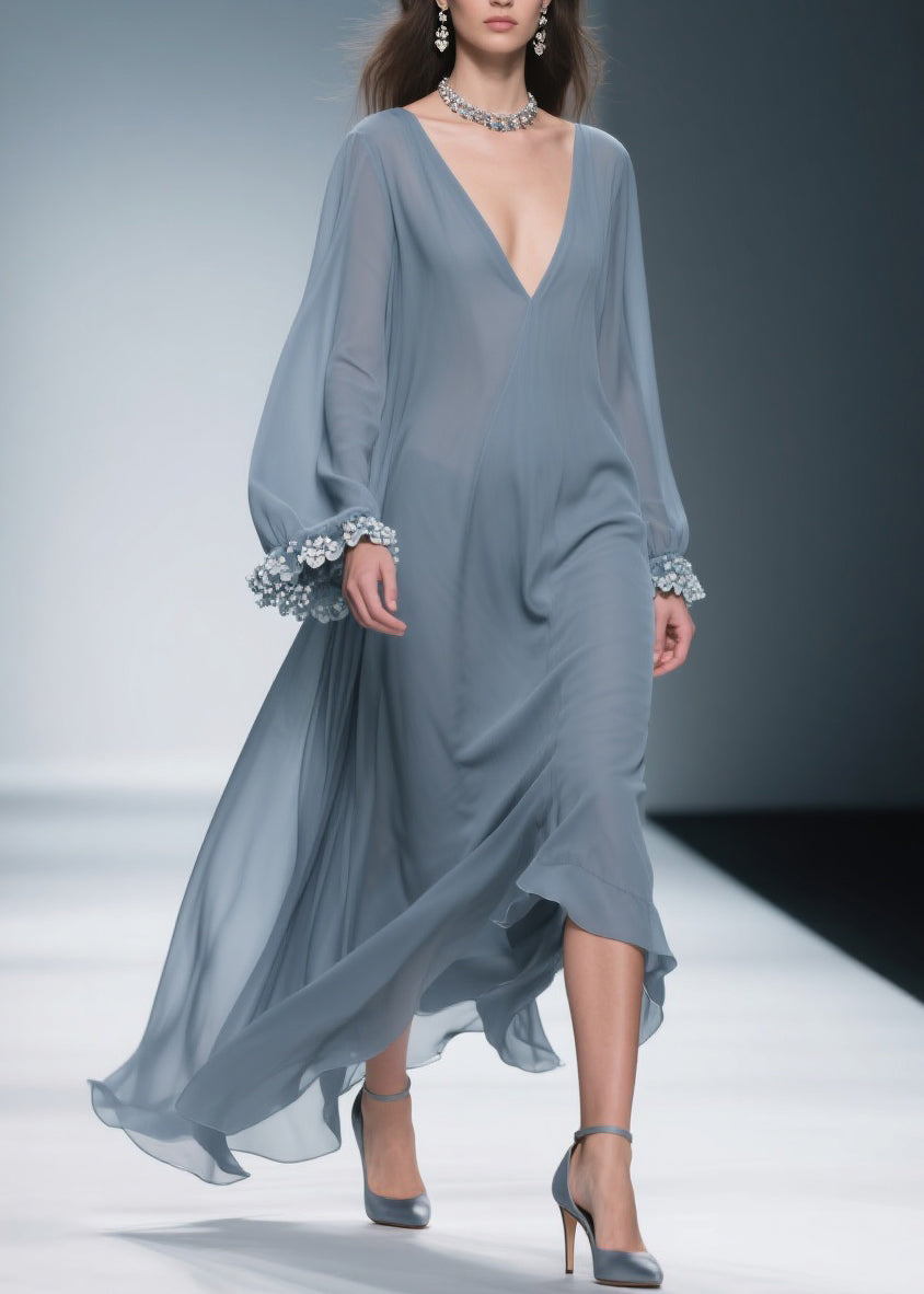 Women Haze Blue Floral Solid Chiffon Maxi Dresses 3