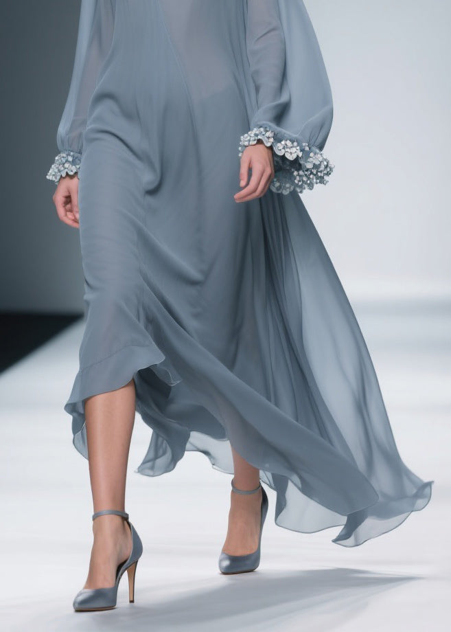 Women Haze Blue Floral Solid Chiffon Maxi Dresses 4