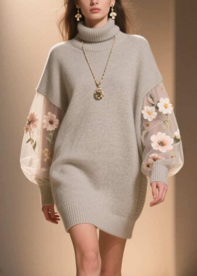 Turtleneck Floral Embroidered Mesh Lantern Sleeve Knit Sweater Mini Dress