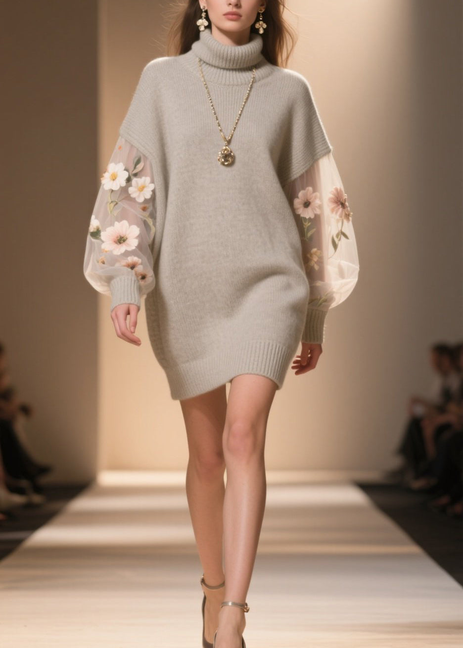 Turtleneck Floral Embroidered Mesh Lantern Sleeve Knit Sweater Mini Dress