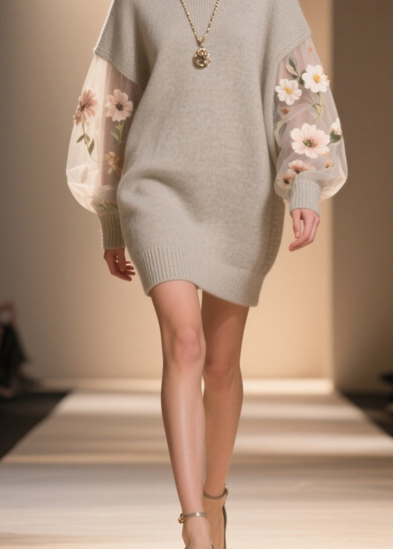 Turtleneck Floral Embroidered Mesh Lantern Sleeve Knit Sweater Mini Dress