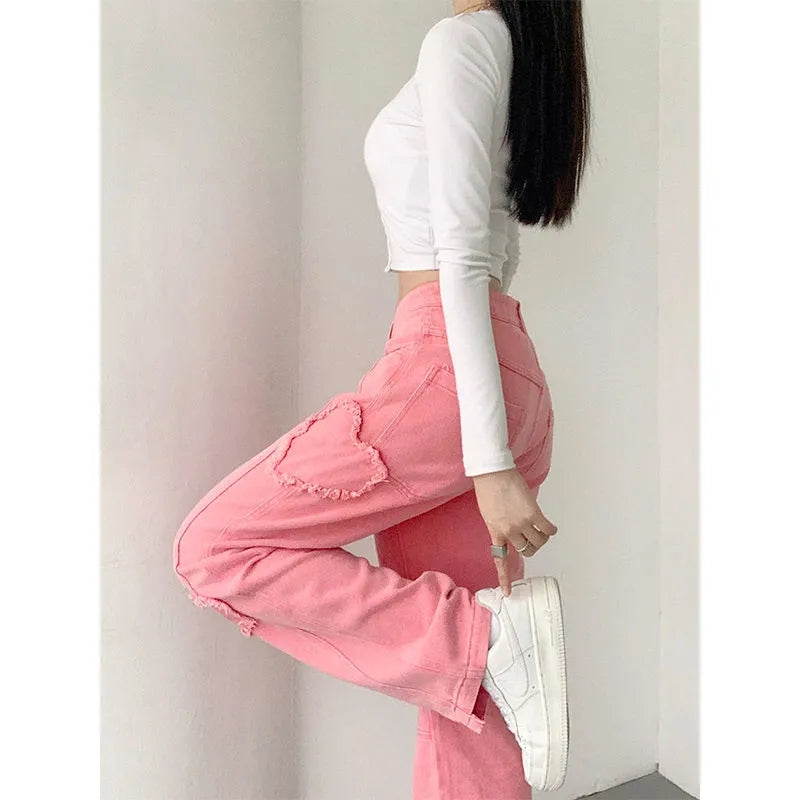 Y2K Cute Pink Heart Shape Jeans