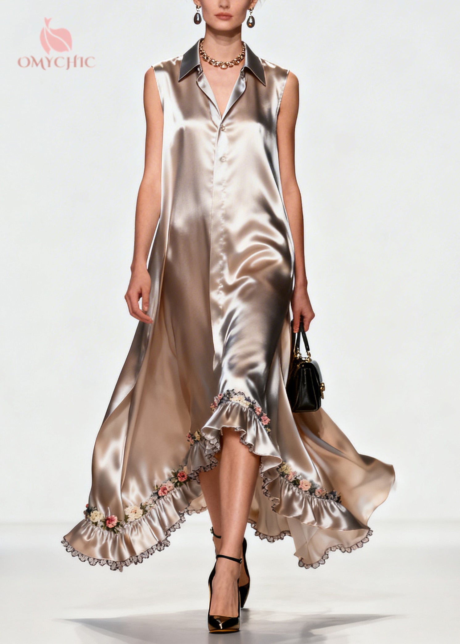 Women Khaki Ruffled Floral Silk Robe Dresses Sleeveless - View 3