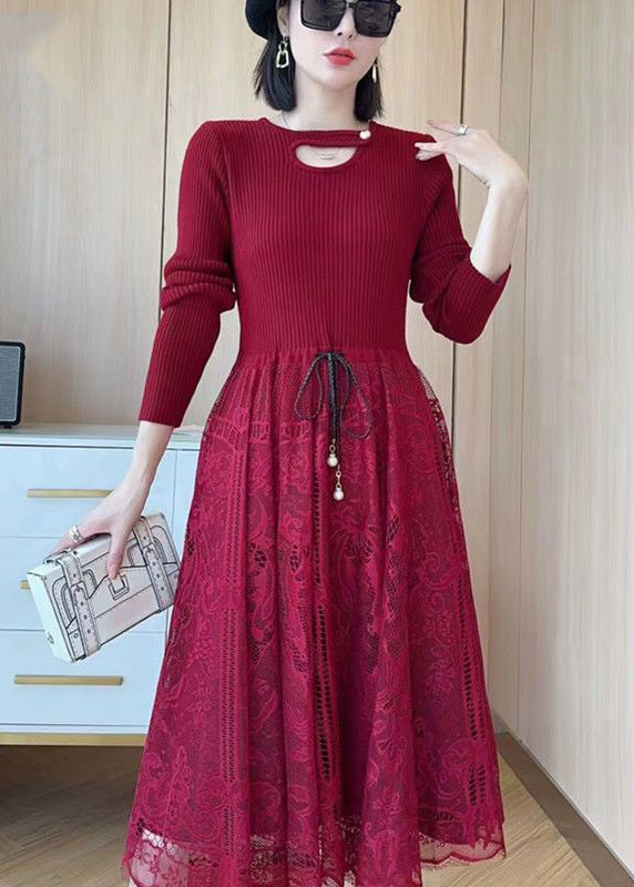 Knit Lace Patchwork Tie Waist Cut Out Long Sleeve A-Line Midi Dress
