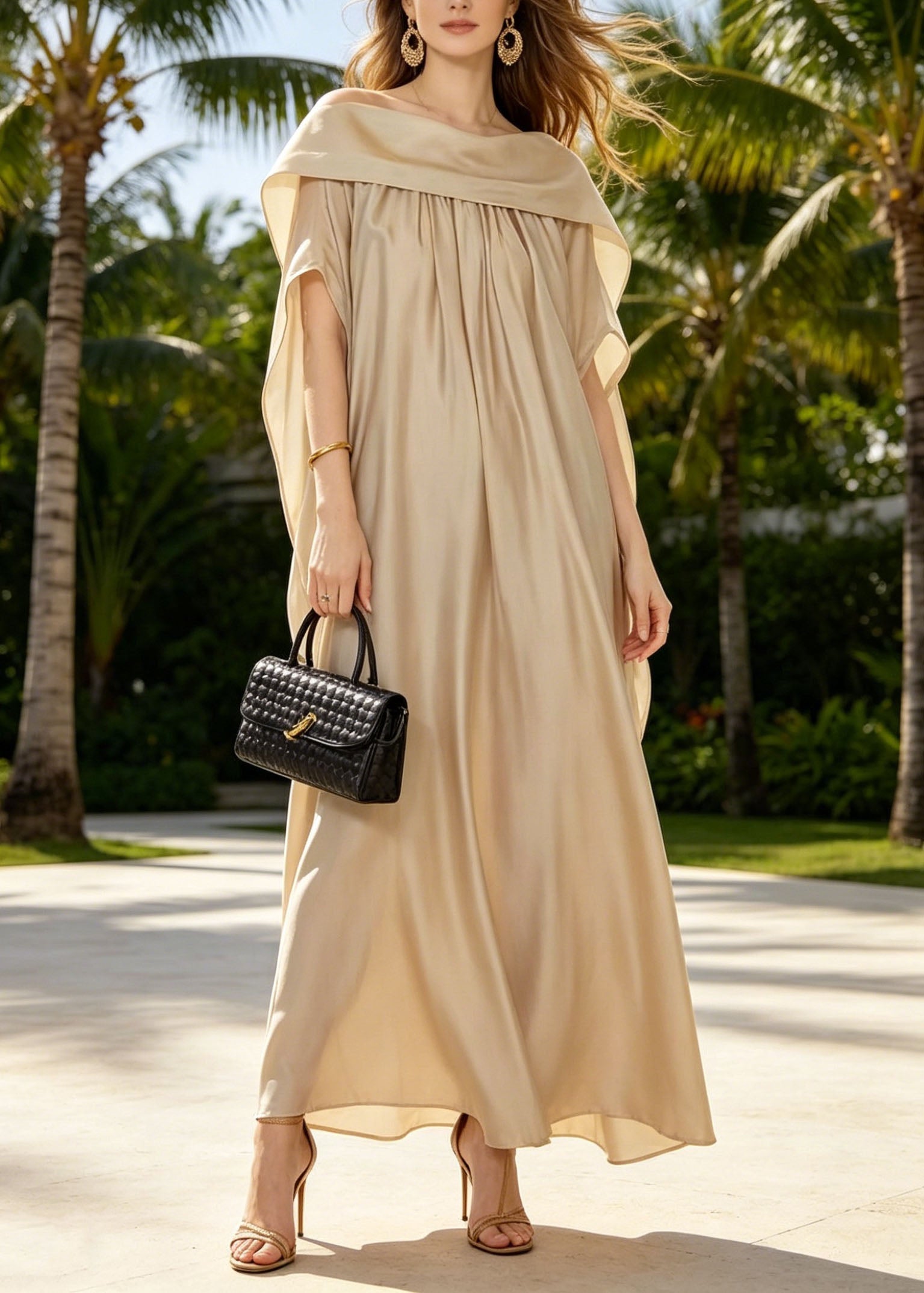 Satin Off Shoulder Draped Cape Sleeve Kaftan Maxi Gown