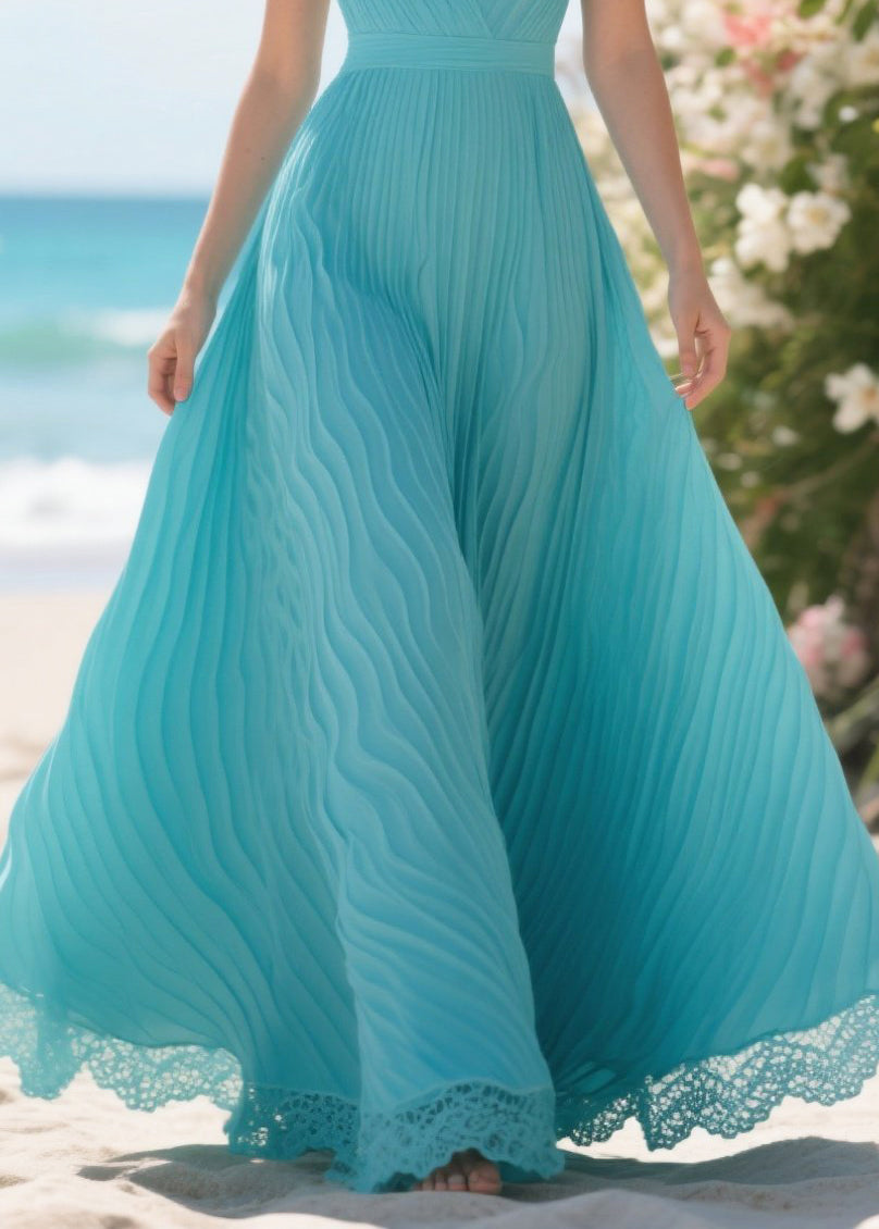 Pleated Spaghetti Strap Deep V-Neck Wrap Bodice Lace Trim Maxi Dress