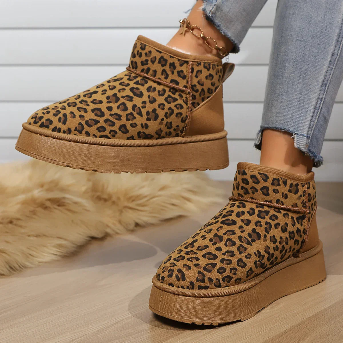 Leopard Print Nonslip Wearresistant Fashion Plush Short Snow Boot