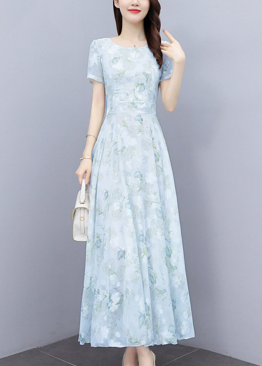 Floral Print Scoop Neck Cinched Waist Short Sleeve Chiffon Maxi Dress