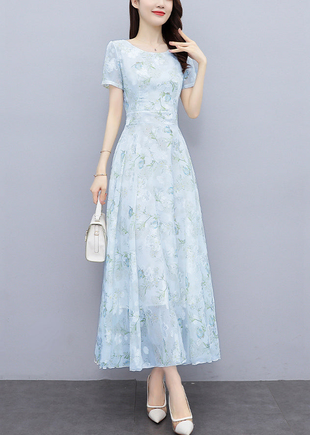 Floral Print Scoop Neck Cinched Waist Short Sleeve Chiffon Maxi Dress