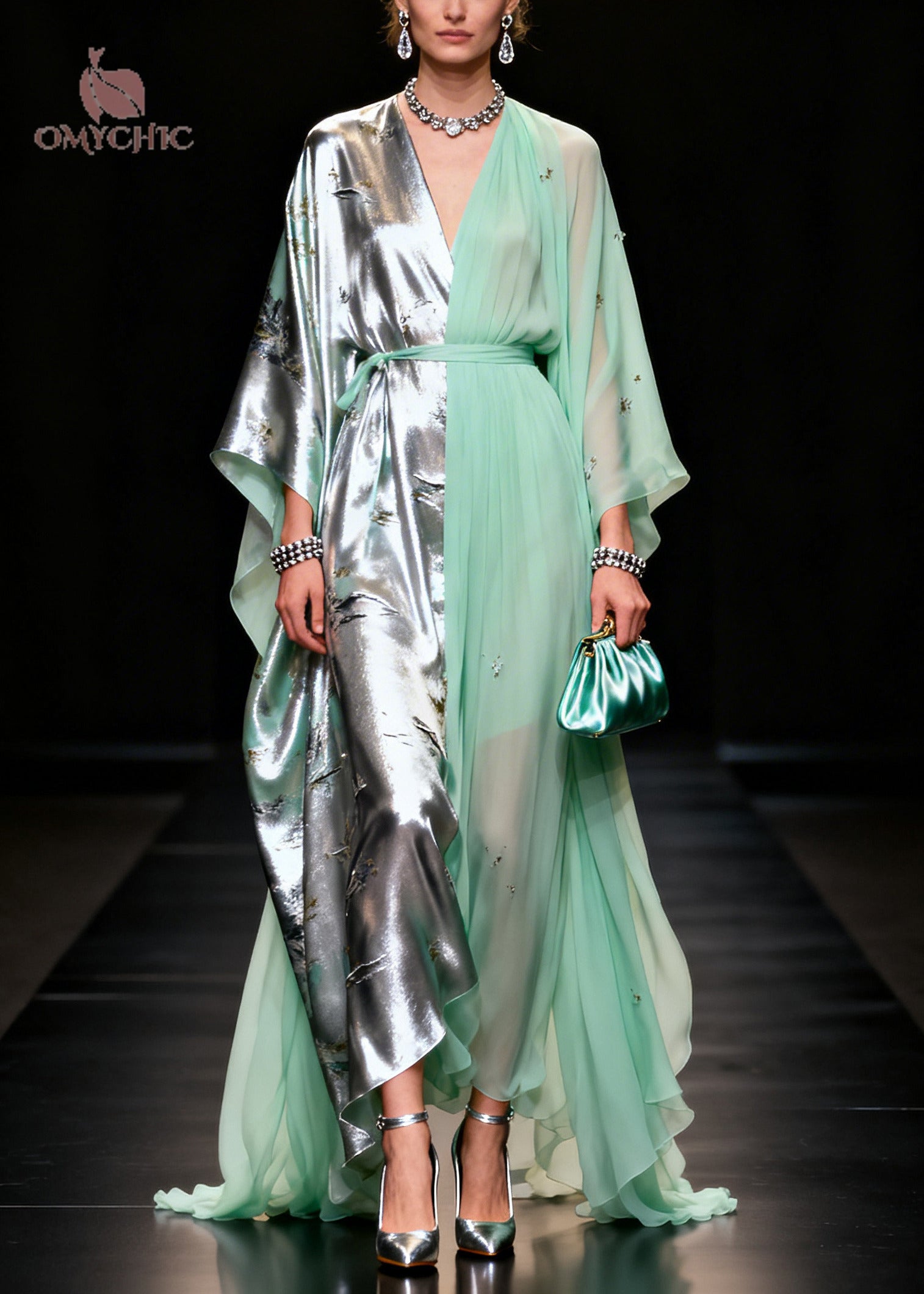 Chiffon Satin Floral Print Split Panel Kaftan Sleeve Tie Belt Maxi Gown