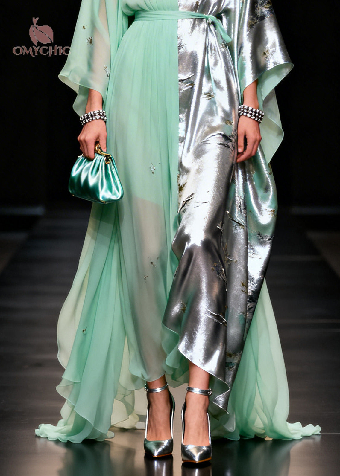 Chiffon Satin Floral Print Split Panel Kaftan Sleeve Tie Belt Maxi Gown