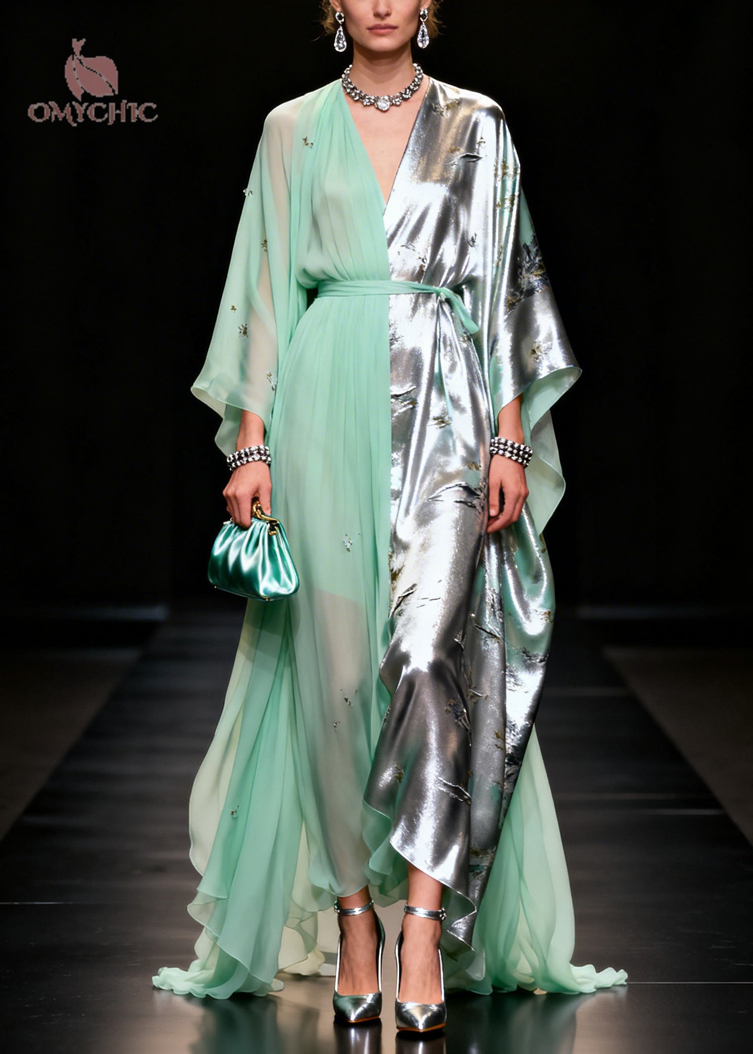 Chiffon Satin Floral Print Split Panel Kaftan Sleeve Tie Belt Maxi Gown