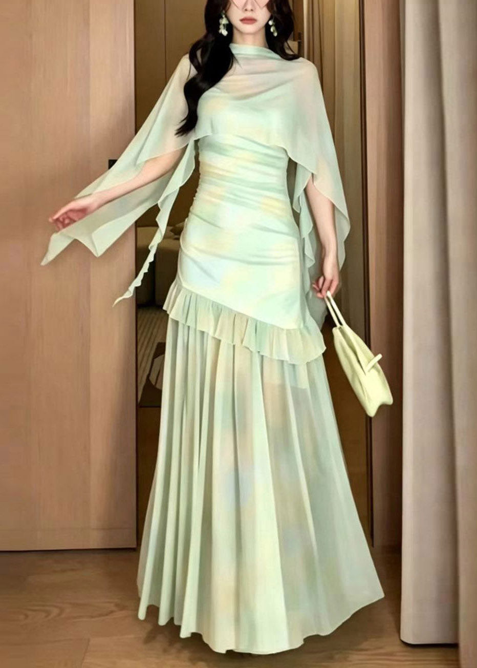 Women Light Green Print Tulle Maxi Dress And Cape Two Piece Set Summer 3