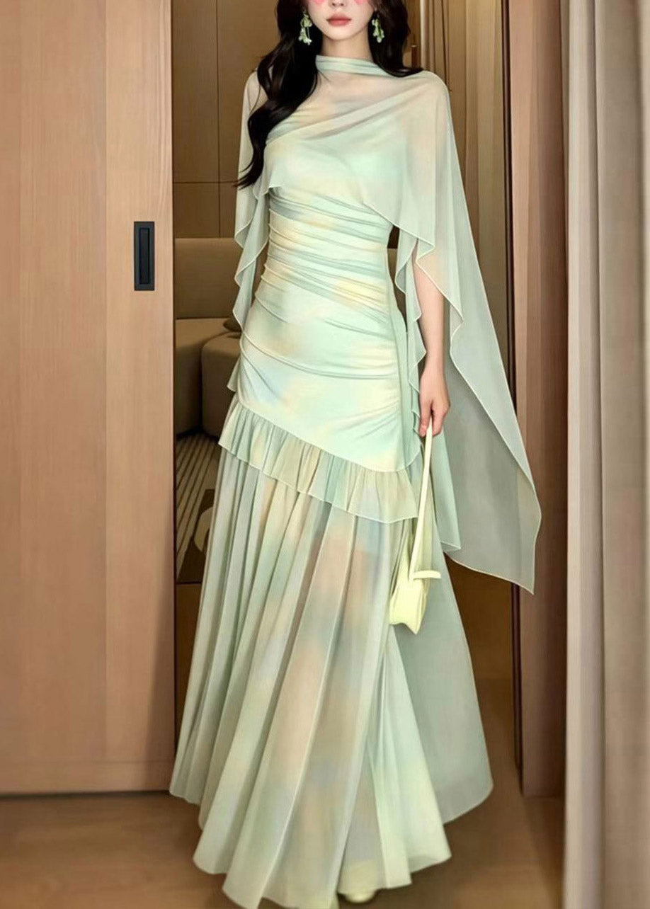 Women Light Green Print Tulle Maxi Dress And Cape Two Piece Set Summer 4